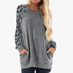 osazic Womens Casual Long Sleeve Round Neck Pocket Blouse Sweatshirt Tunic Top